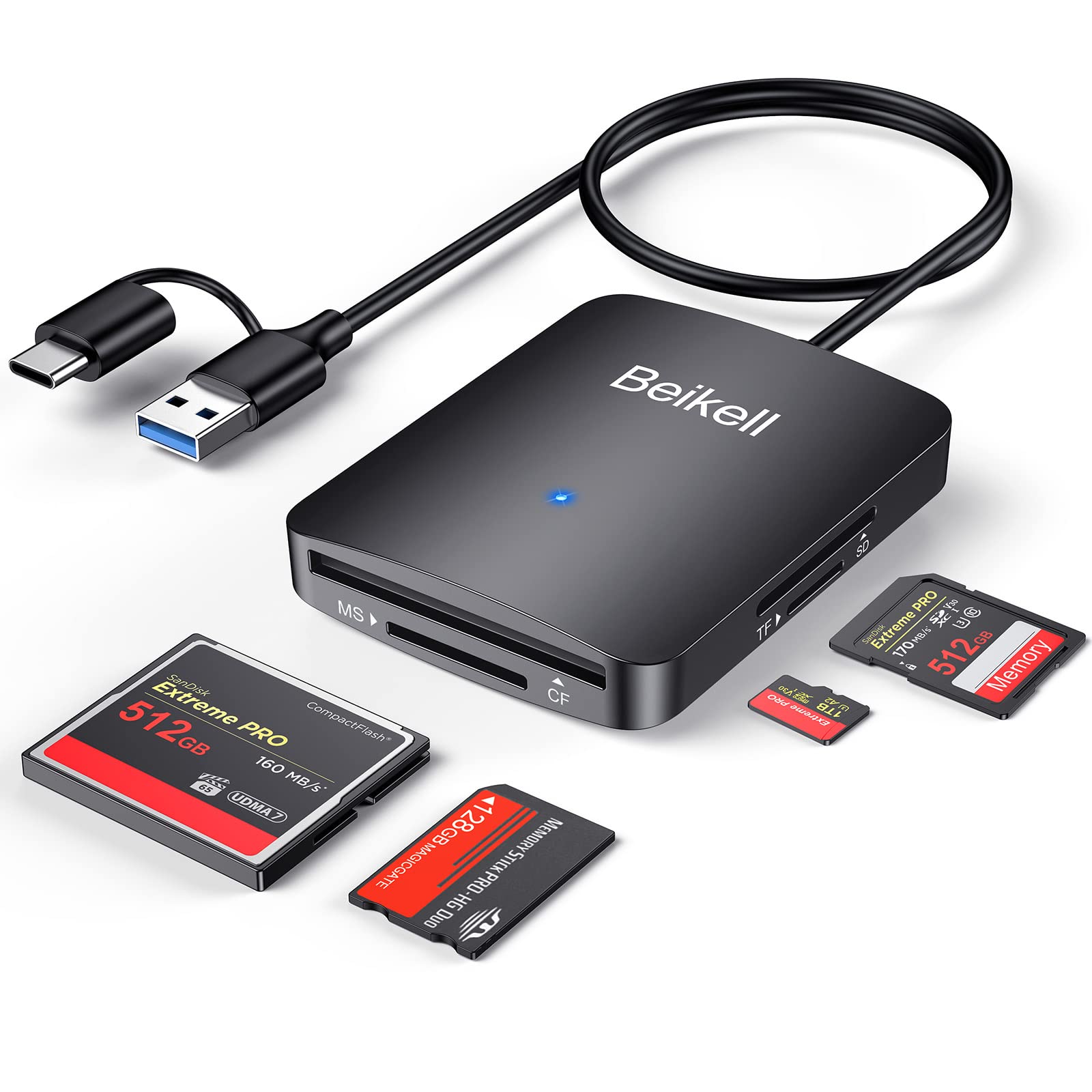Beikell 4 in 1 Dual Connector USB C & USB 3.0 Card Reader, 4 Cards Simultaneously Memory Card Adapter for SD/SDHC/SDXC/Micro SD/Micro SDXC/MS Duo, Compatible with Windows, OS
