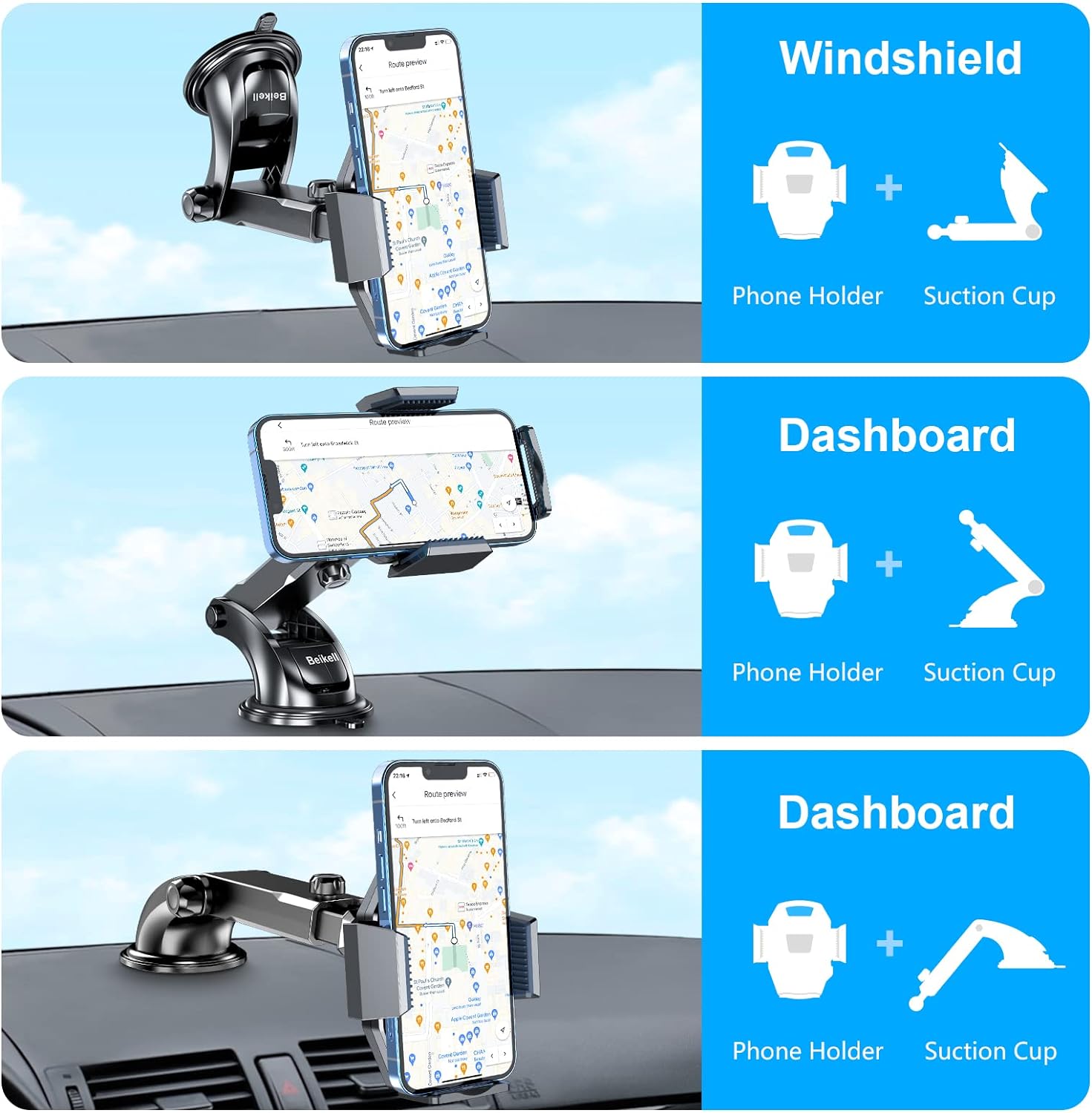 Car Phone Holder Mount, Universal Phone Mount for Car with One Button Release and Strong Sticky Gel Pad, 360° Rotation and Hands-Free Cell Phone Holder for All 4.7" to 6.7" Phones